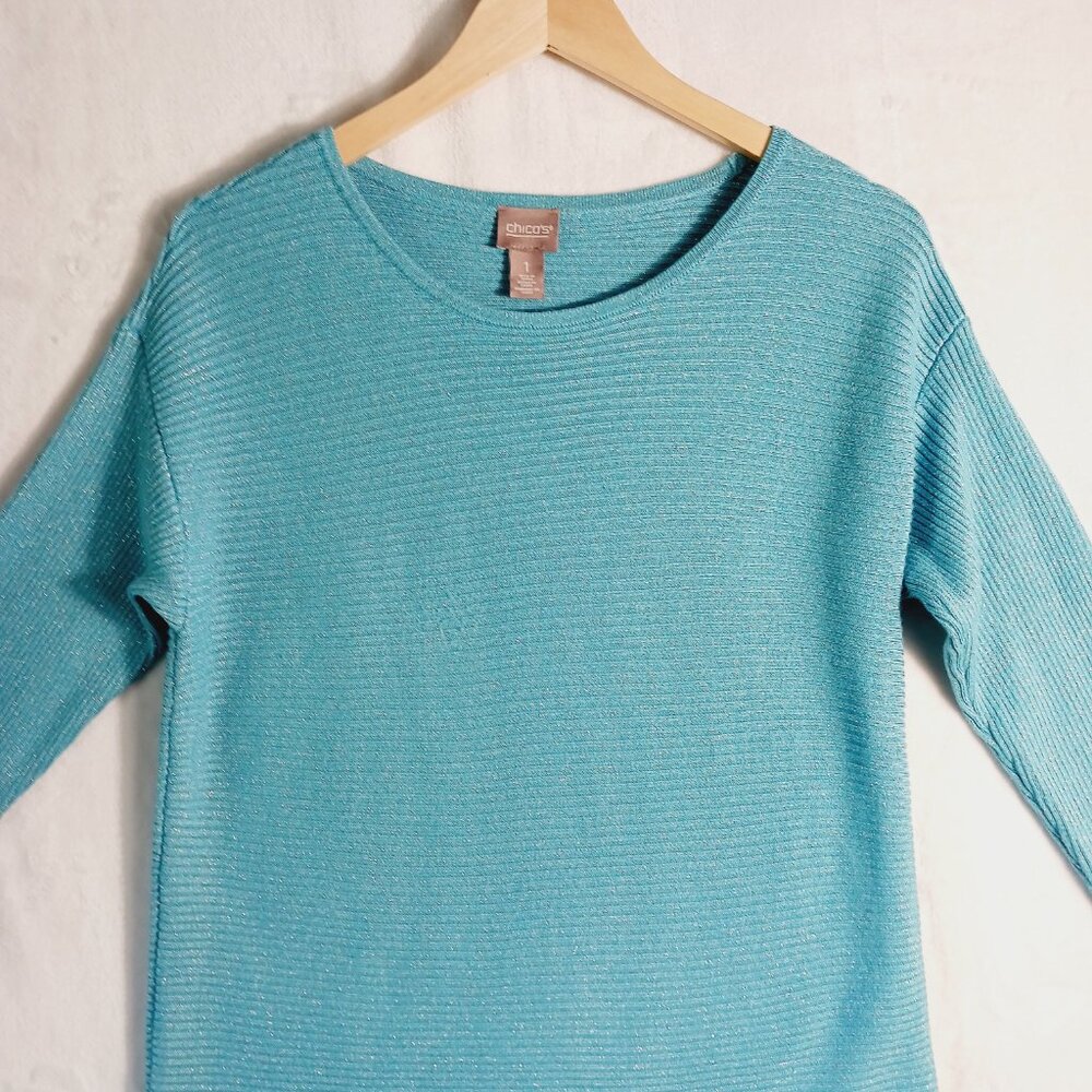 Chico's, Turquoise Blue, Sparkle, Ribbed Knit Top with 3/4 Sleeves, Size Small - Picture 5 of 12